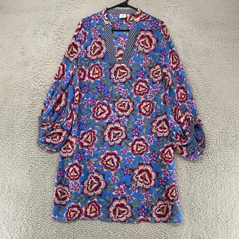 CAbi Blue Floral Midi Dress with Burgundy and Pink Blooms